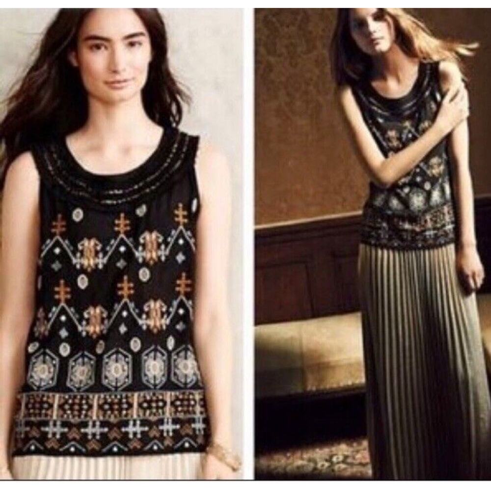 Anthropologie Akemi Kim Black Tank Top Sz S Embroidery w Metal Accents Boho